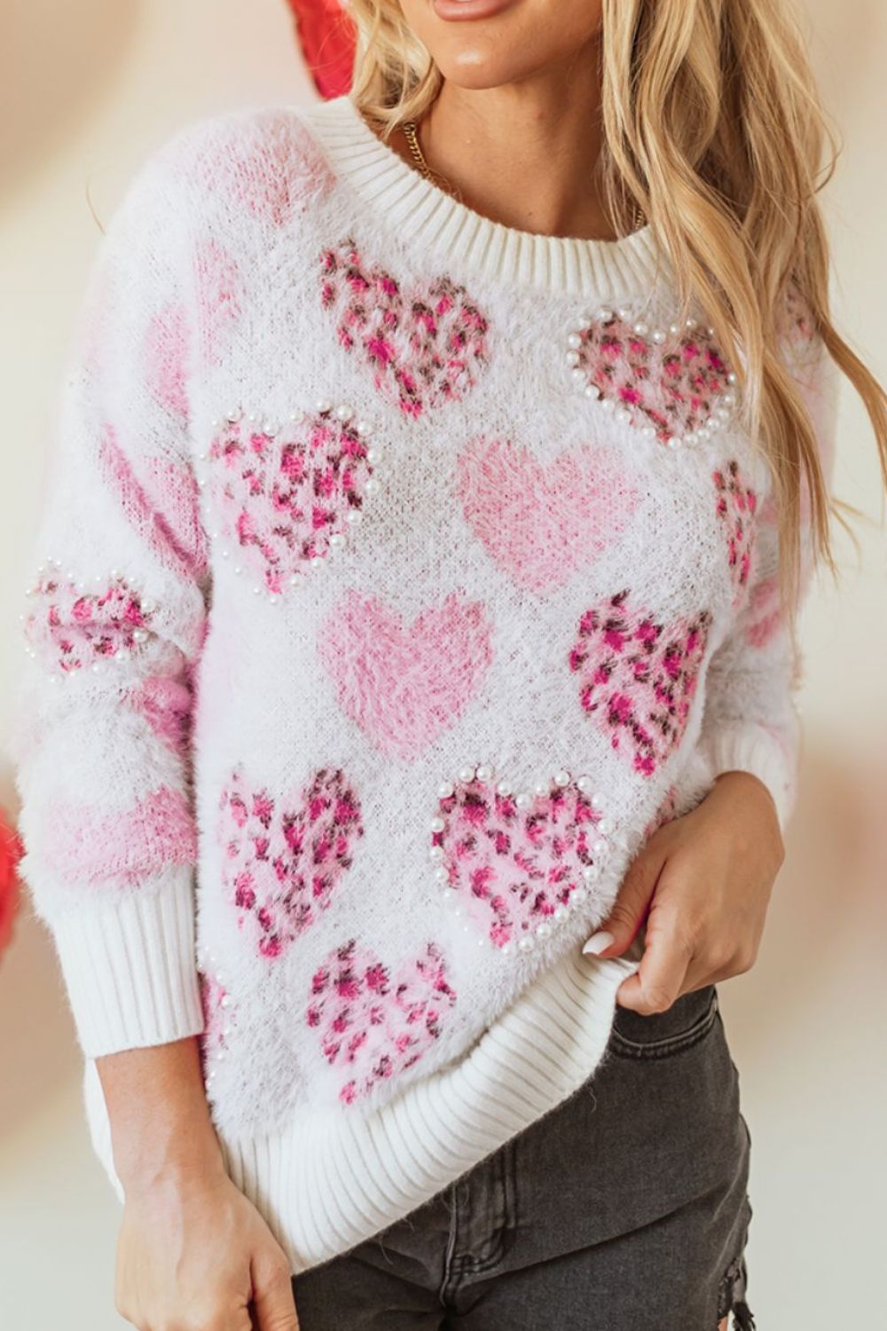 WestCloset Pearl Detail Heart Round Neck Sweater