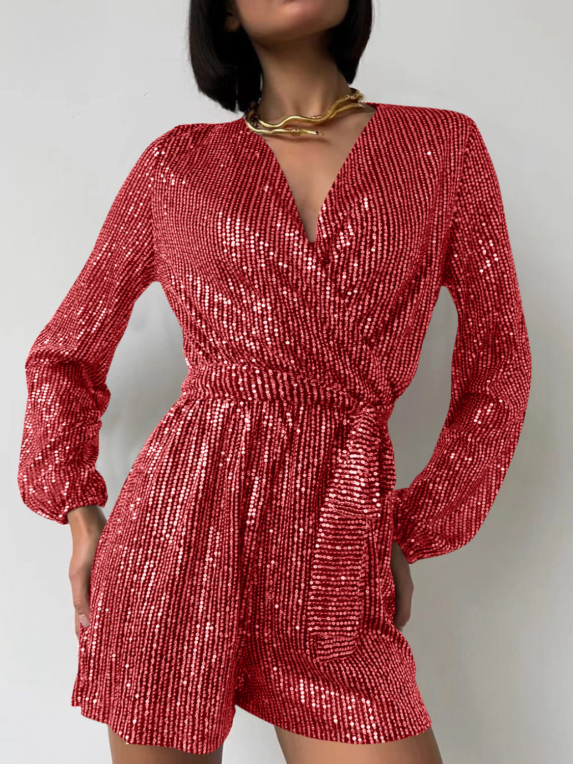 WestCloset Full Size Sequin Surplice Tie Waist Long Sleeve Romper
