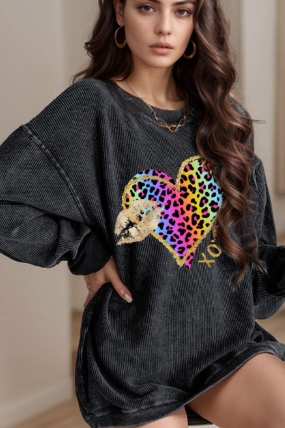 WestCloset Leopard Heart Drop Shoulder Long Sleeve Sweatshirt