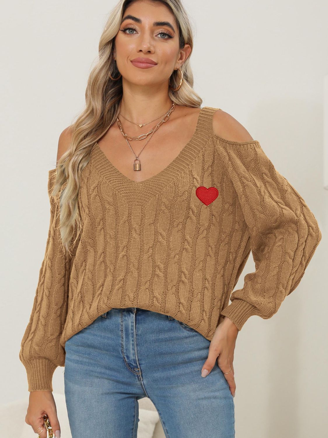 WestCloset Cable-Knit Heart V-Neck Sweater