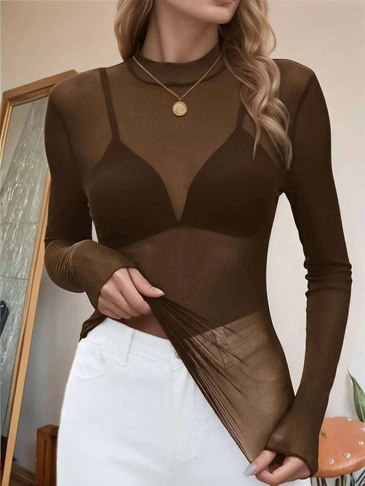 Mock Neck Long Sleeve Sheer Top WESTCLOSET