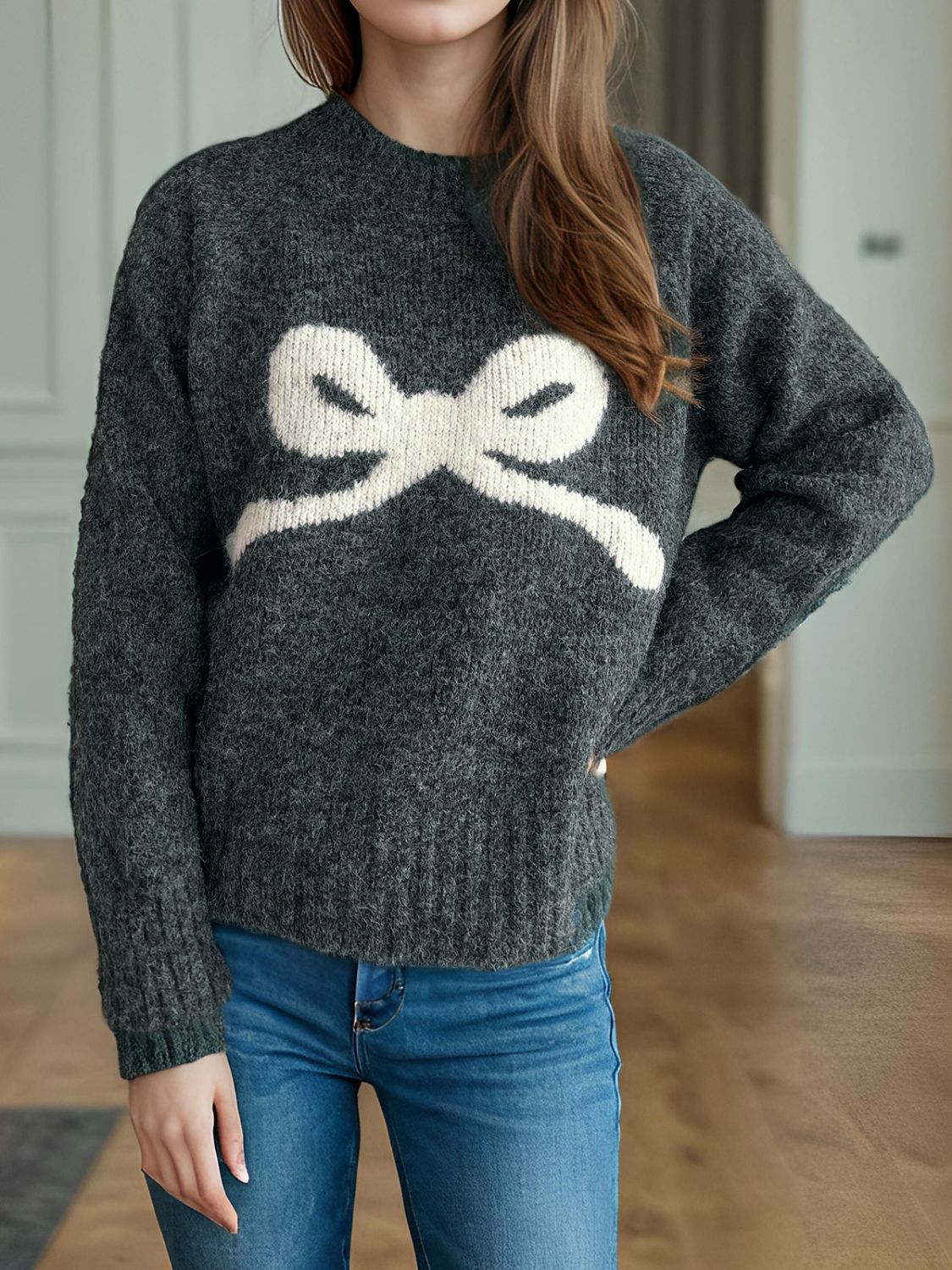 WestCloset Bow Round Neck Long Sleeve Sweater