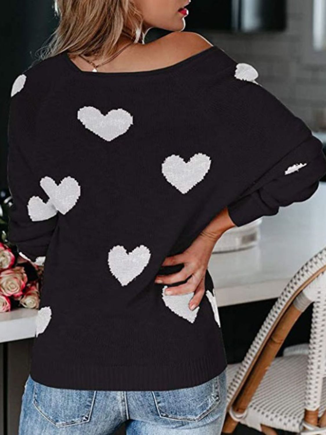 WestCloset Heart Scoop Neck Long Sleeve Sweater