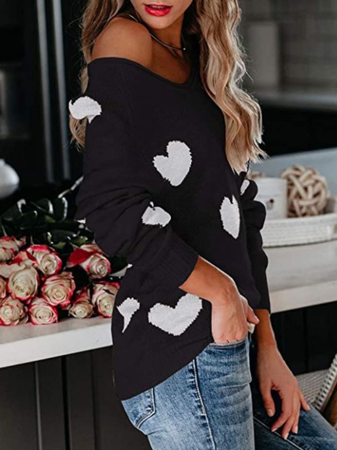 WestCloset Heart Scoop Neck Long Sleeve Sweater