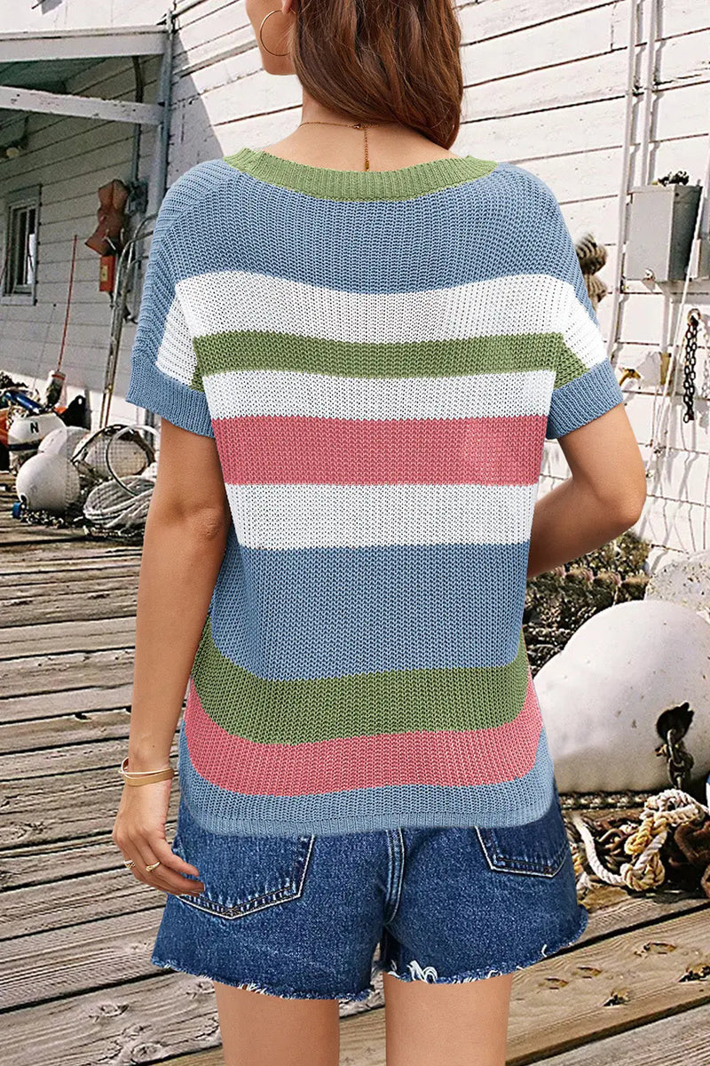 Striped Round Neck Short Sleeve Knit Top