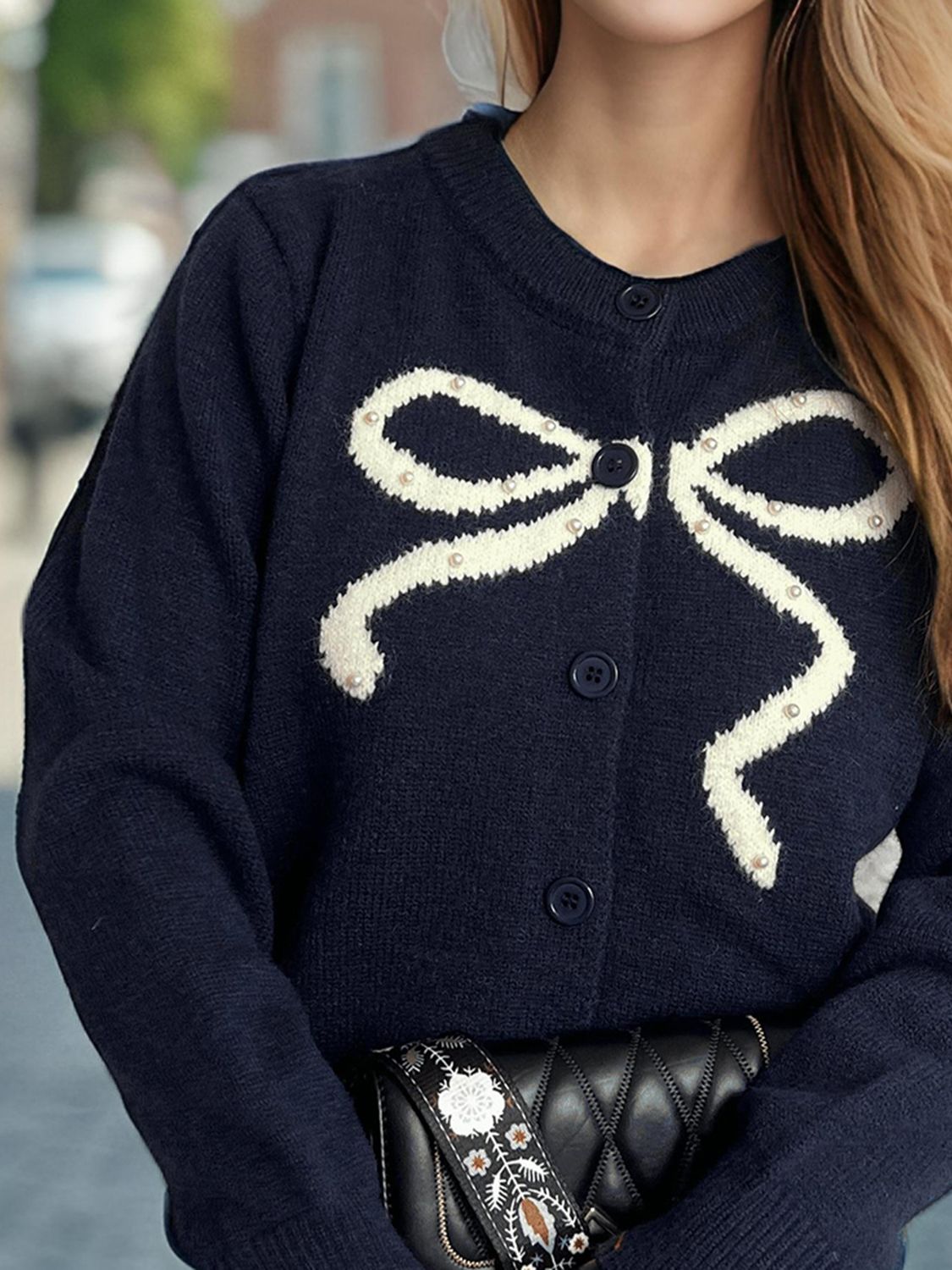 WestCloset Bow Button Down Round Neck Cardigan