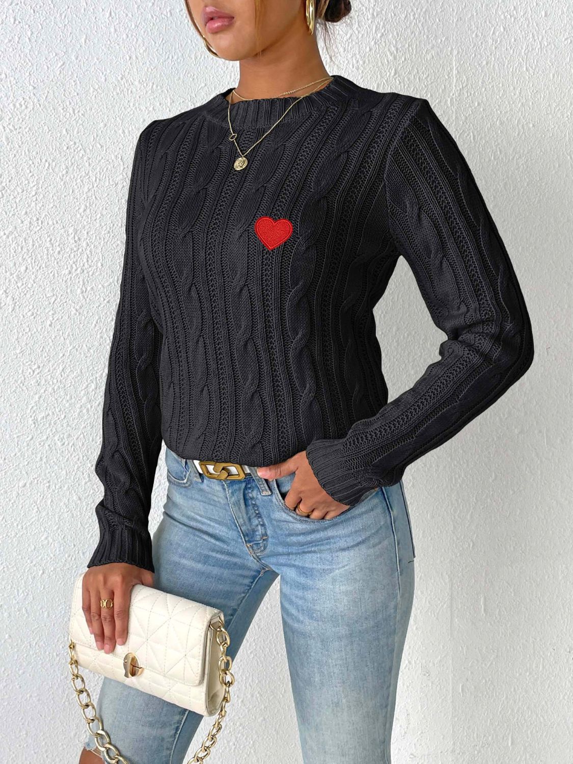 WestCloset Cable-Knit Heart Round Neck Long Sleeve Sweater