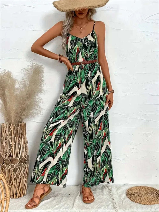 Tropical Print Spaghetti Strap Wide Leg Jumpsuit WESTCLOSET