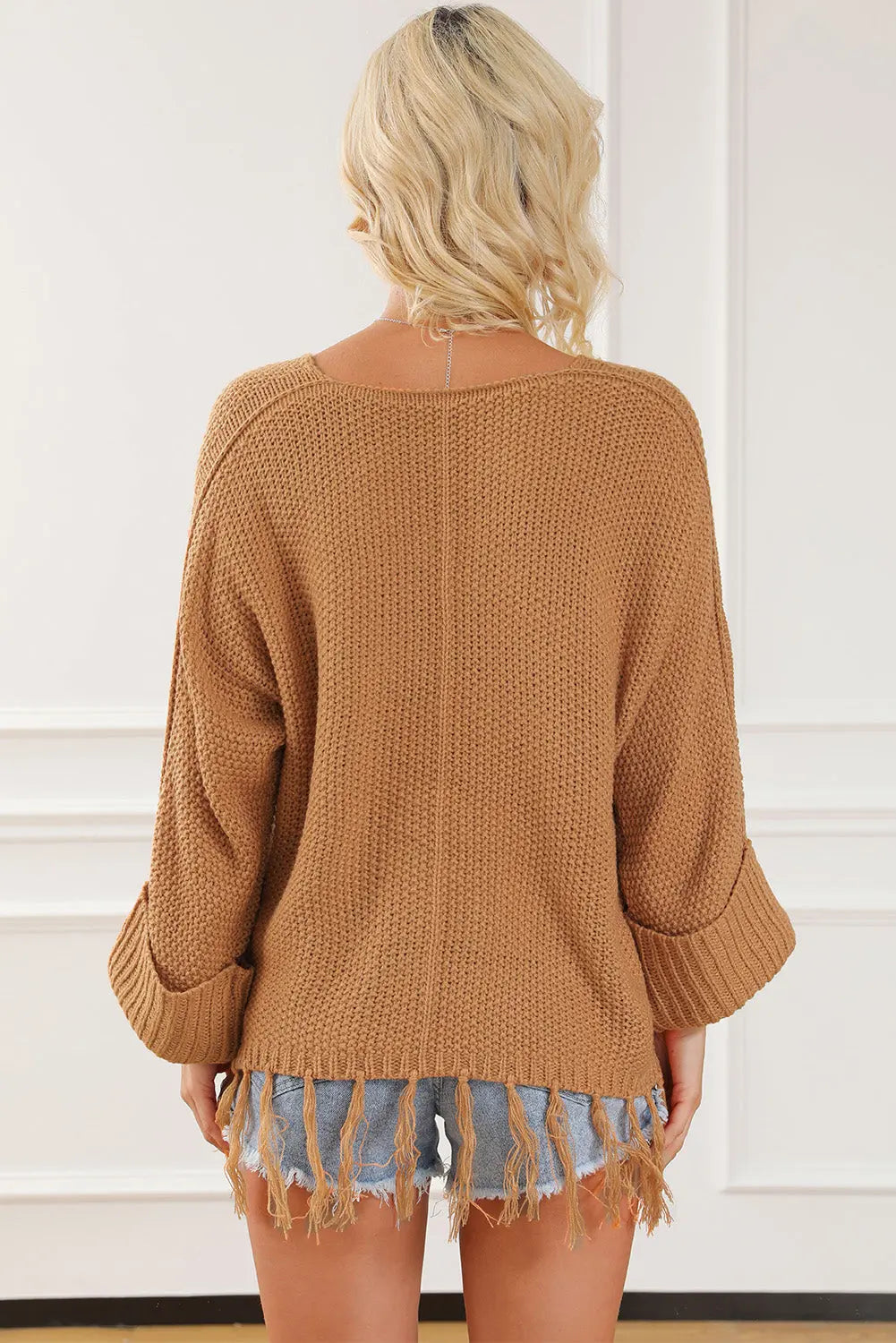 Fringe V-Neck Long Sleeve Sweater