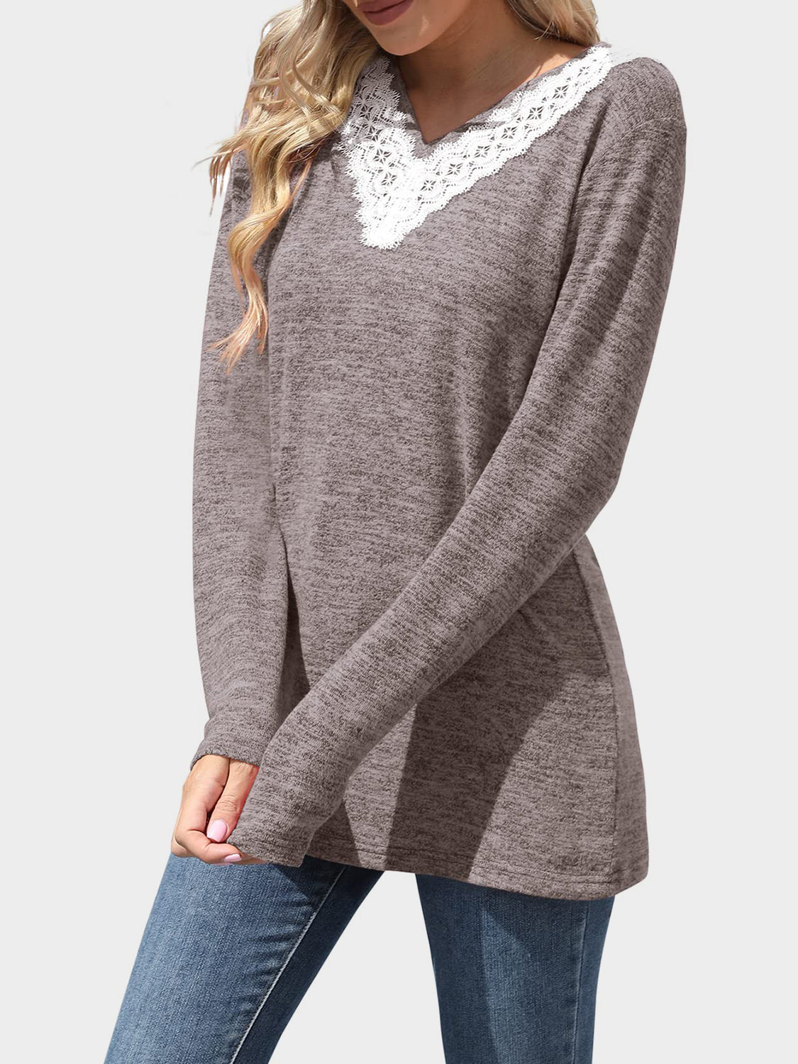 WestCloset Lace Detail V-Neck Long Sleeve T-Shirt