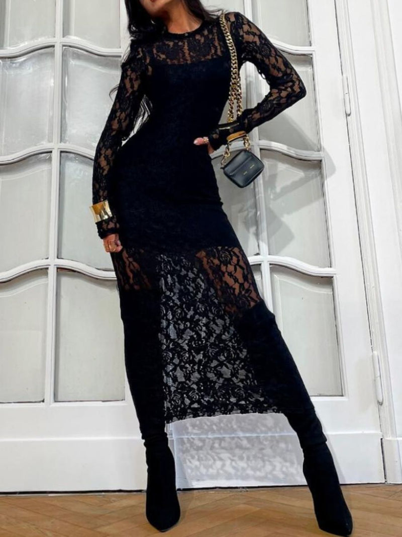 WestCloset Lace Round Neck Long Sleeve Midi Dress