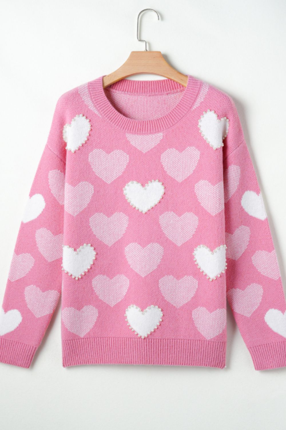 WestCloset Pearl Trim Heart Round Neck Long Sleeve Sweater