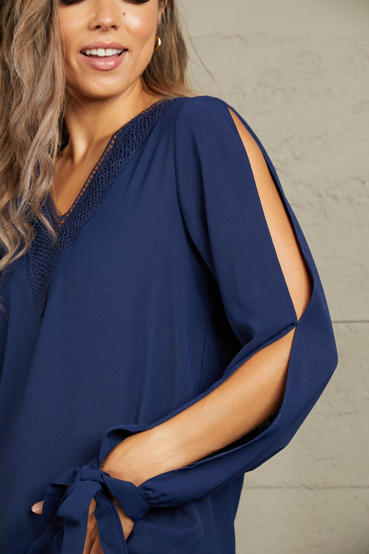 V-Neck Tie Cuff Slit Blouse