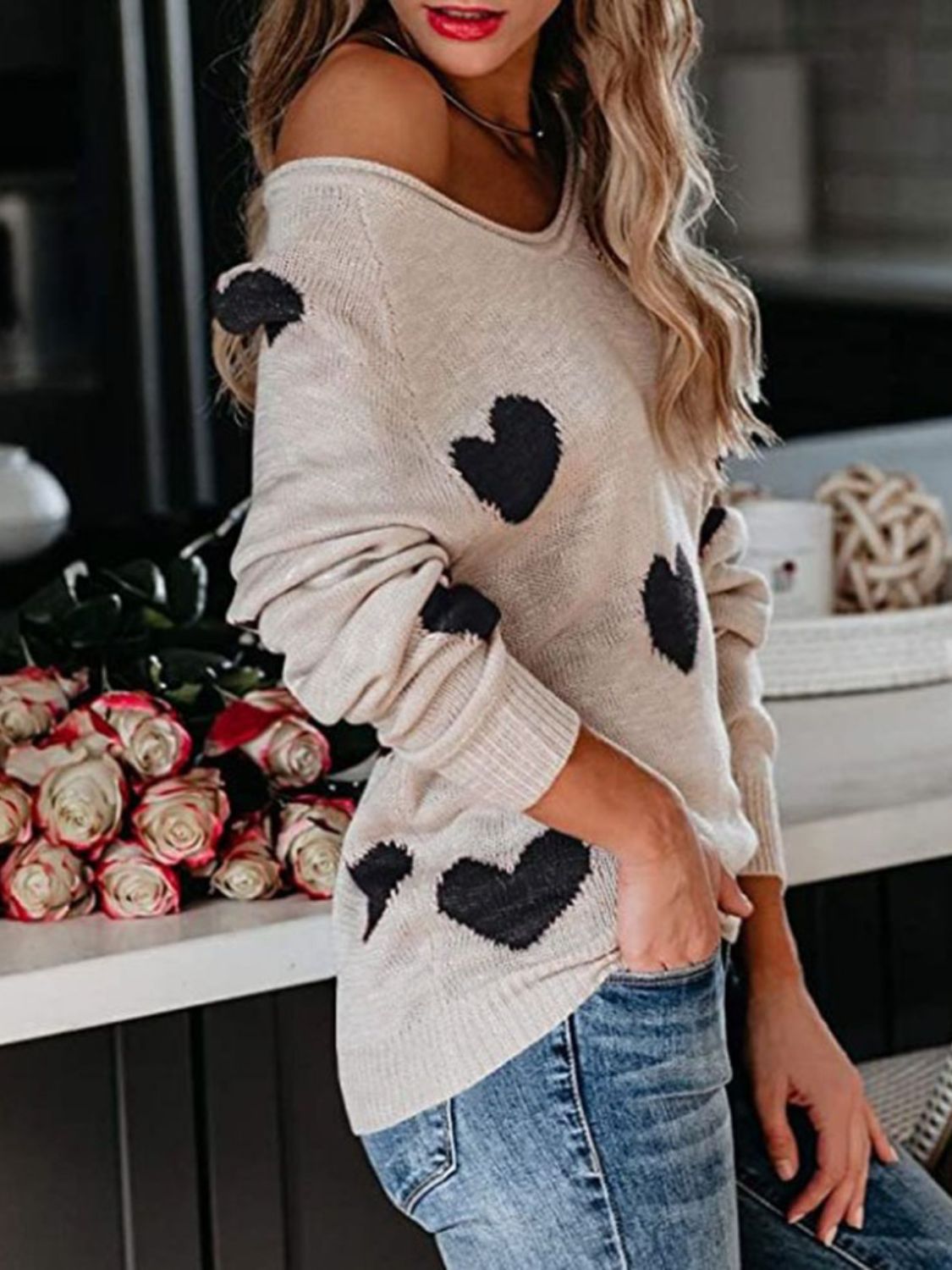 WestCloset Heart Scoop Neck Long Sleeve Sweater
