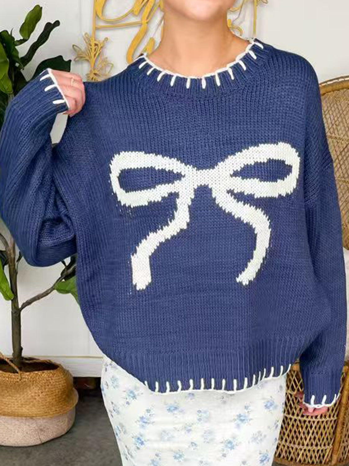 WestCloset Bow Round Neck Long Sleeve Sweater