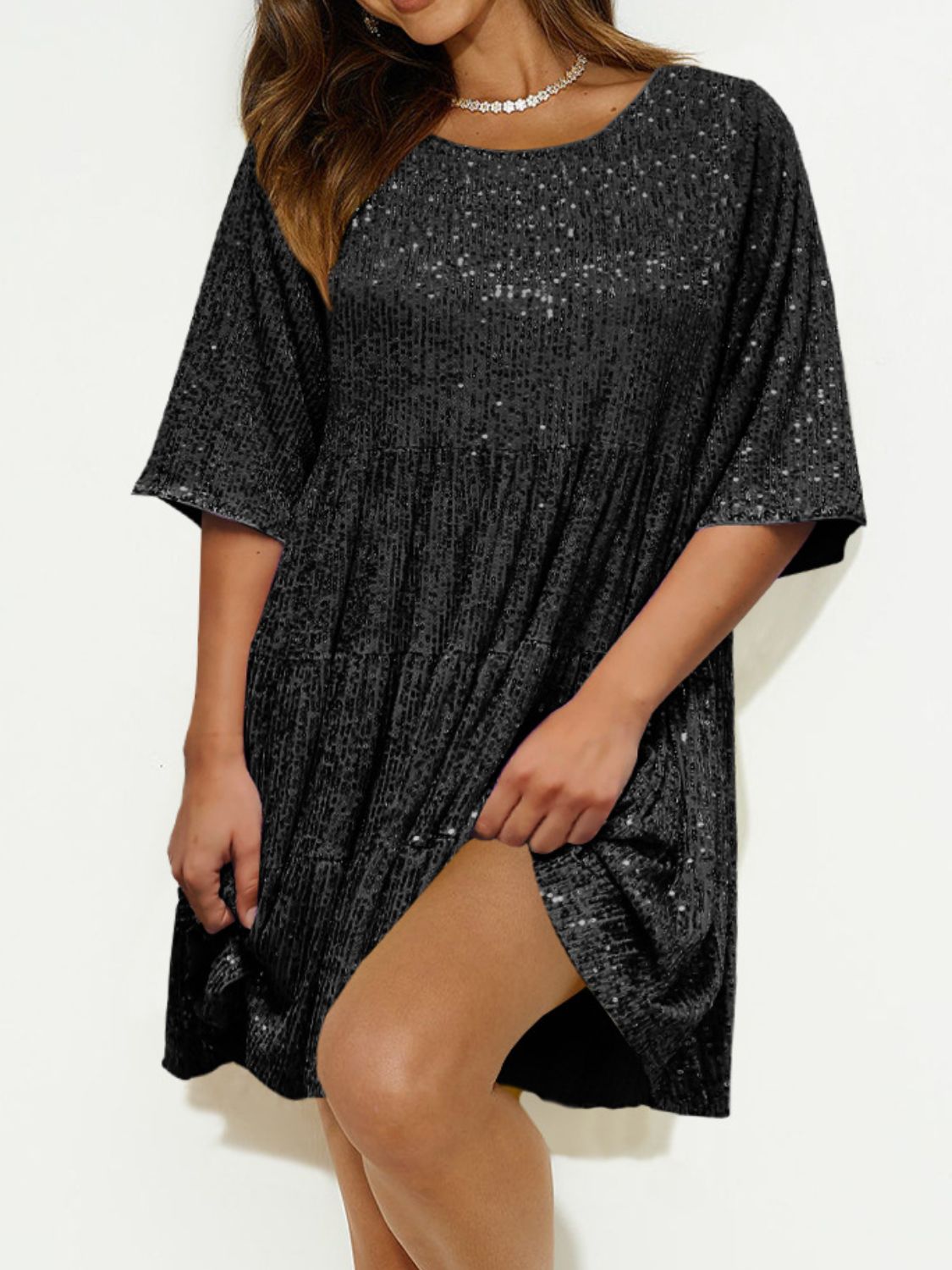 WestCloset Sequin Round Neck Half Sleeve Mini Dress