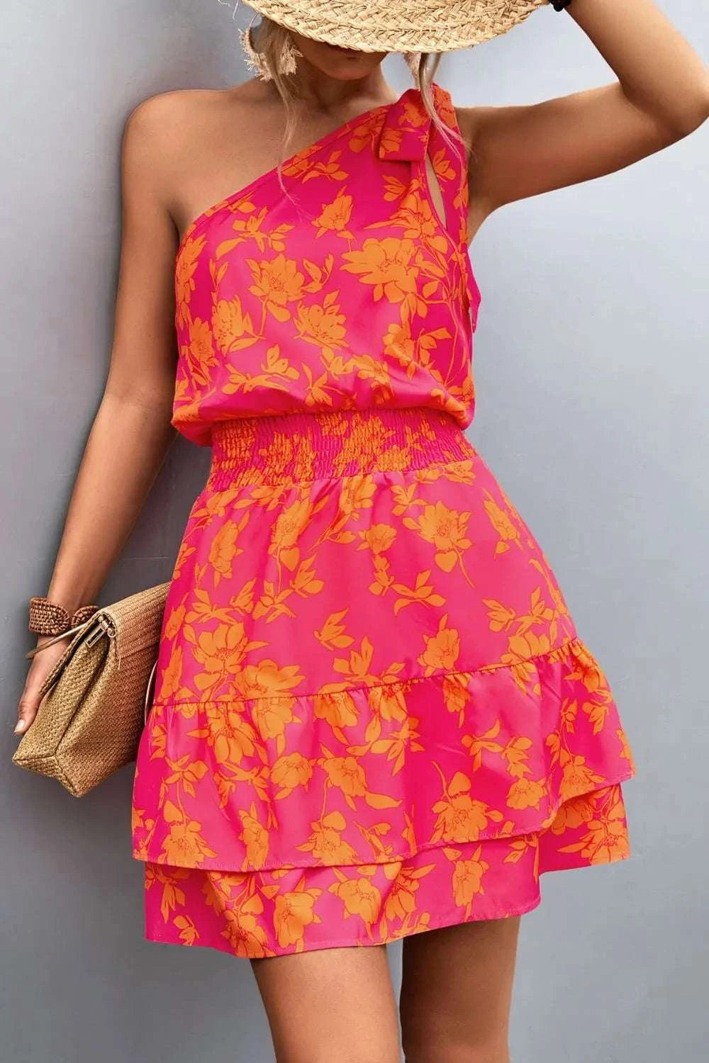 Tied Smocked Printed Single Shoulder Dress WESTCLOSET