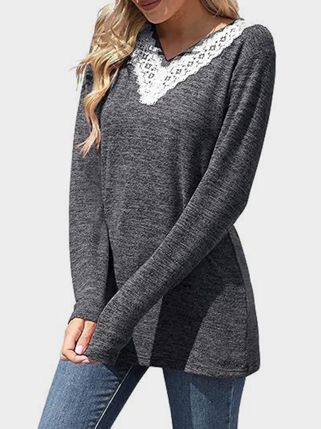 WestCloset Lace Detail V-Neck Long Sleeve T-Shirt