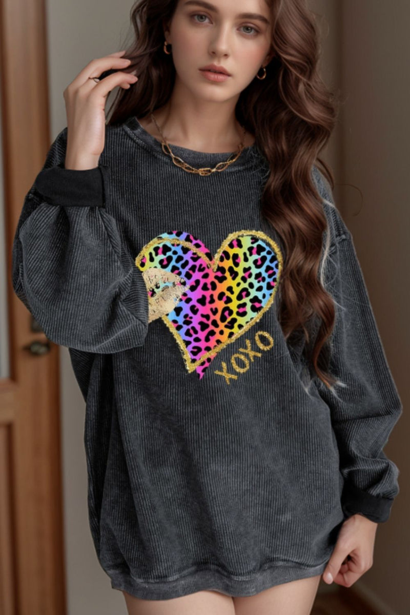 WestCloset Leopard Heart Drop Shoulder Long Sleeve Sweatshirt