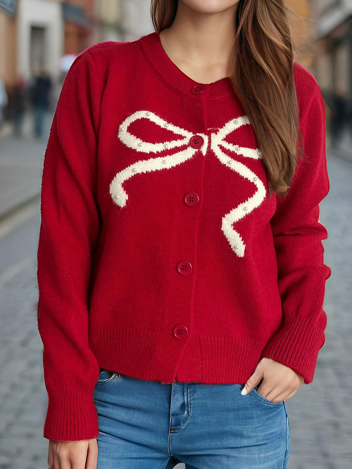 WestCloset Bow Button Down Round Neck Cardigan