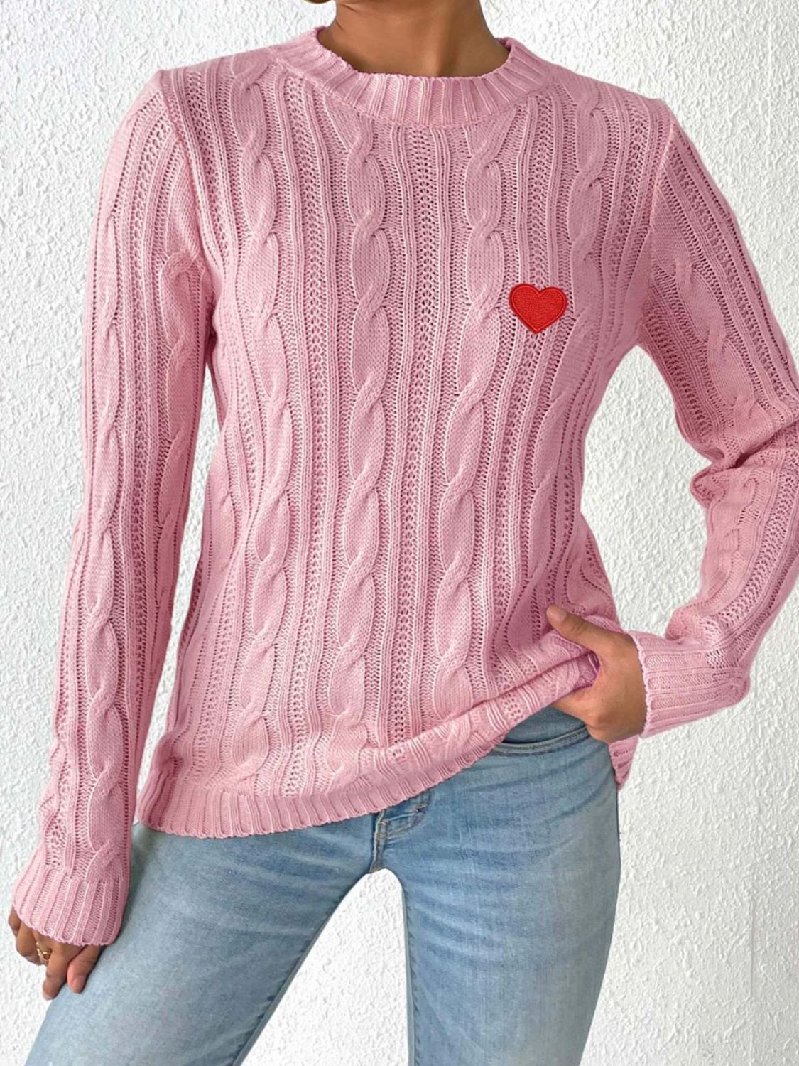 WestCloset Cable-Knit Heart Round Neck Long Sleeve Sweater