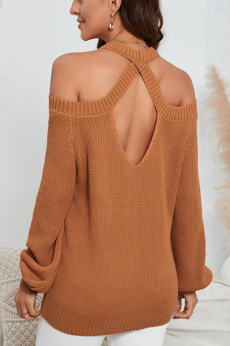 WestCloset Cutout Back Cold Shoulder Long Sleeve Sweater