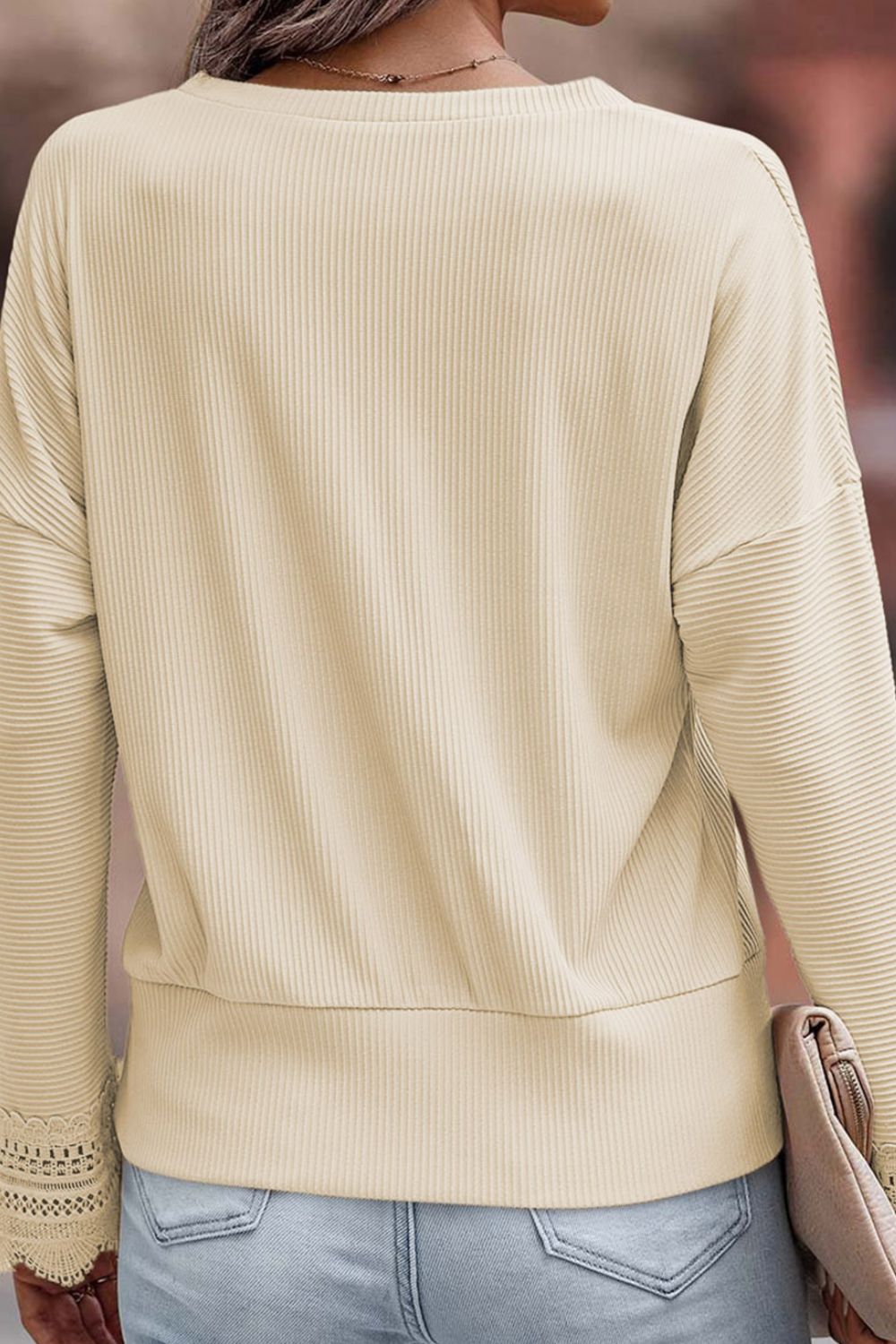 WestCloset Lace Detail V-Neck Long Sleeve T-Shirt