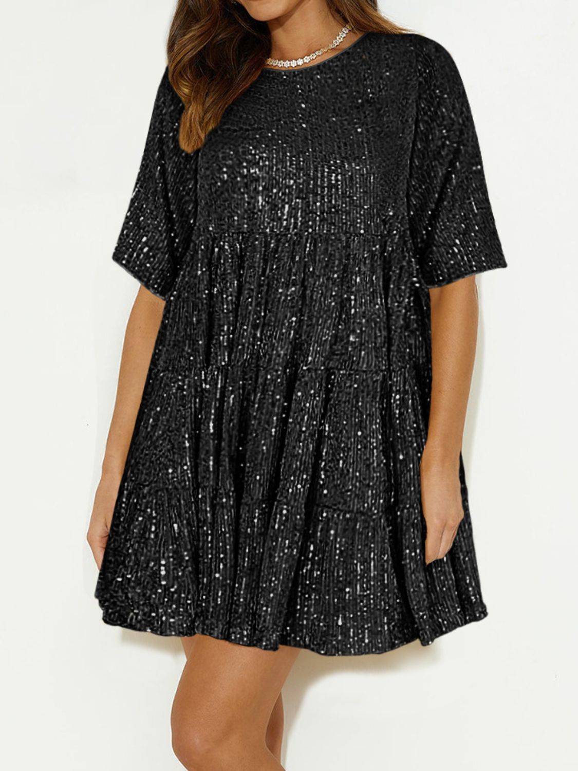 WestCloset Sequin Round Neck Half Sleeve Mini Dress
