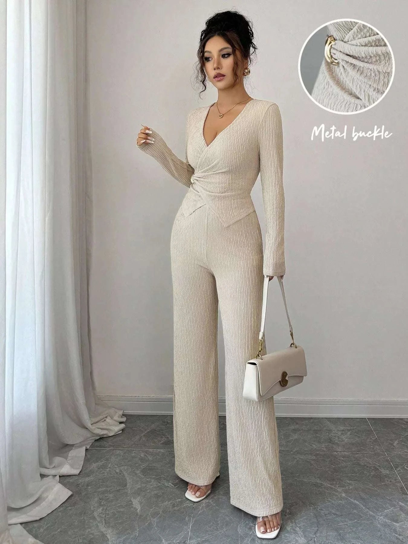 Metal Buckle Long Sleeve Top and Pants Set WESTCLOSET