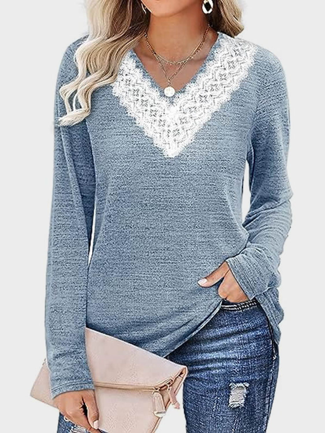 WestCloset Lace Detail V-Neck Long Sleeve T-Shirt
