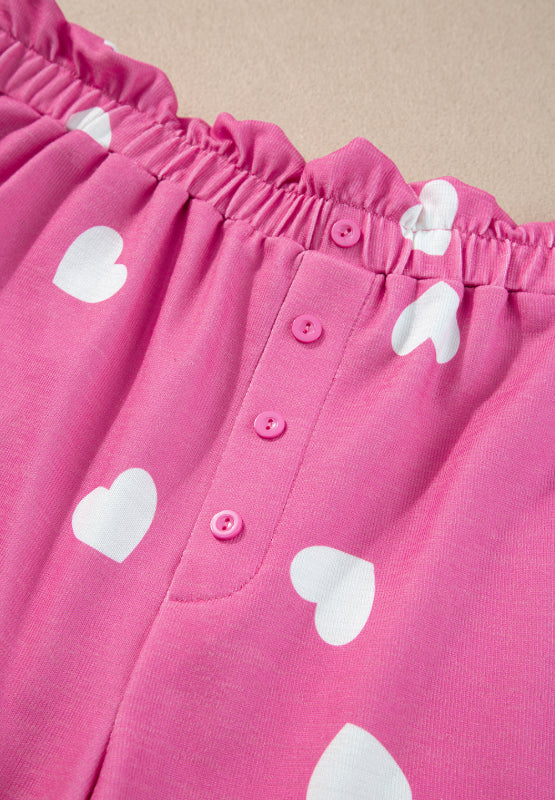 WestCloset Heart Round Neck Long Sleeve Top and Elastic Waist Shorts Set