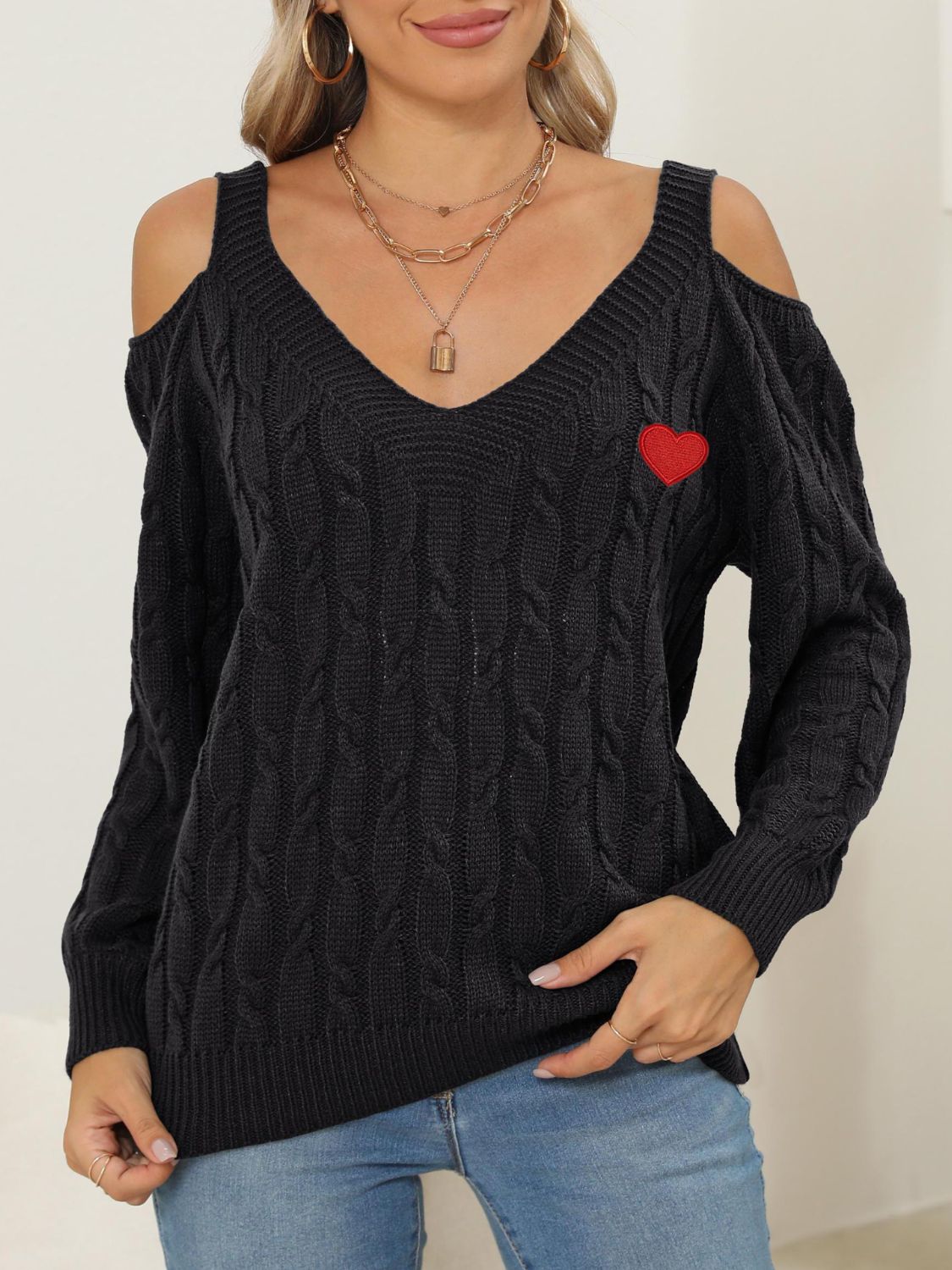 WestCloset Cable-Knit Heart V-Neck Sweater