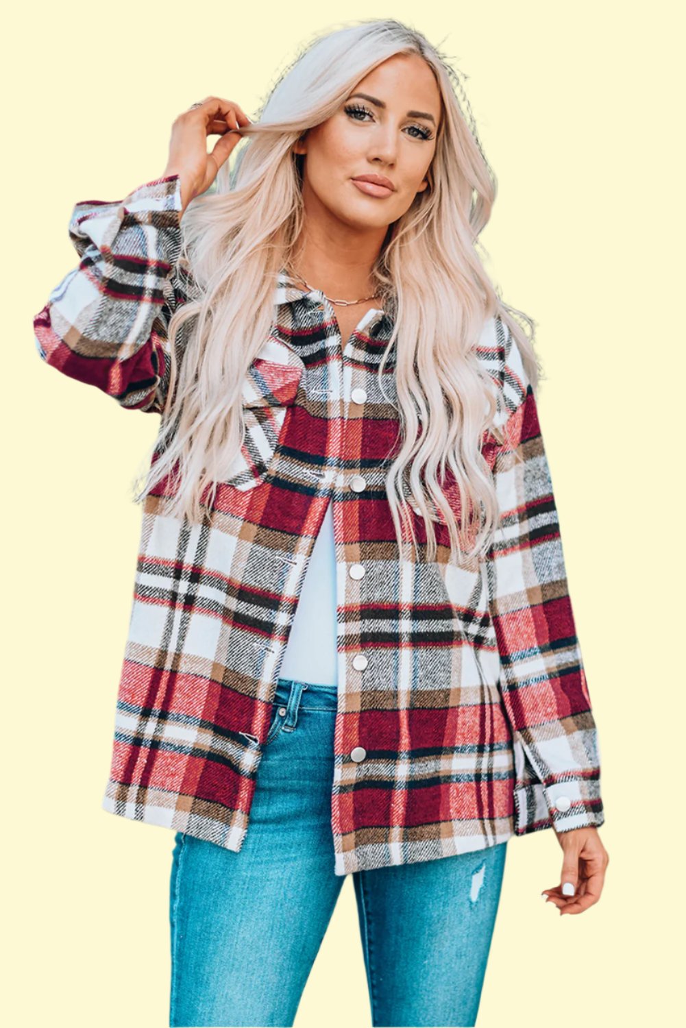 Plaid Button Front Shirt Jacket with dropped shoulder style by West Closet