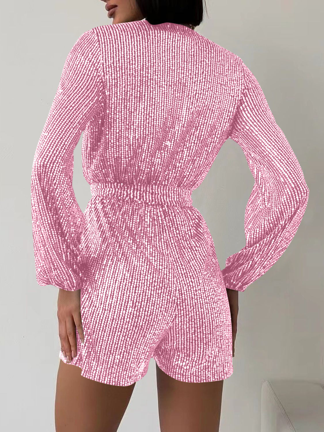 WestCloset Full Size Sequin Surplice Tie Waist Long Sleeve Romper