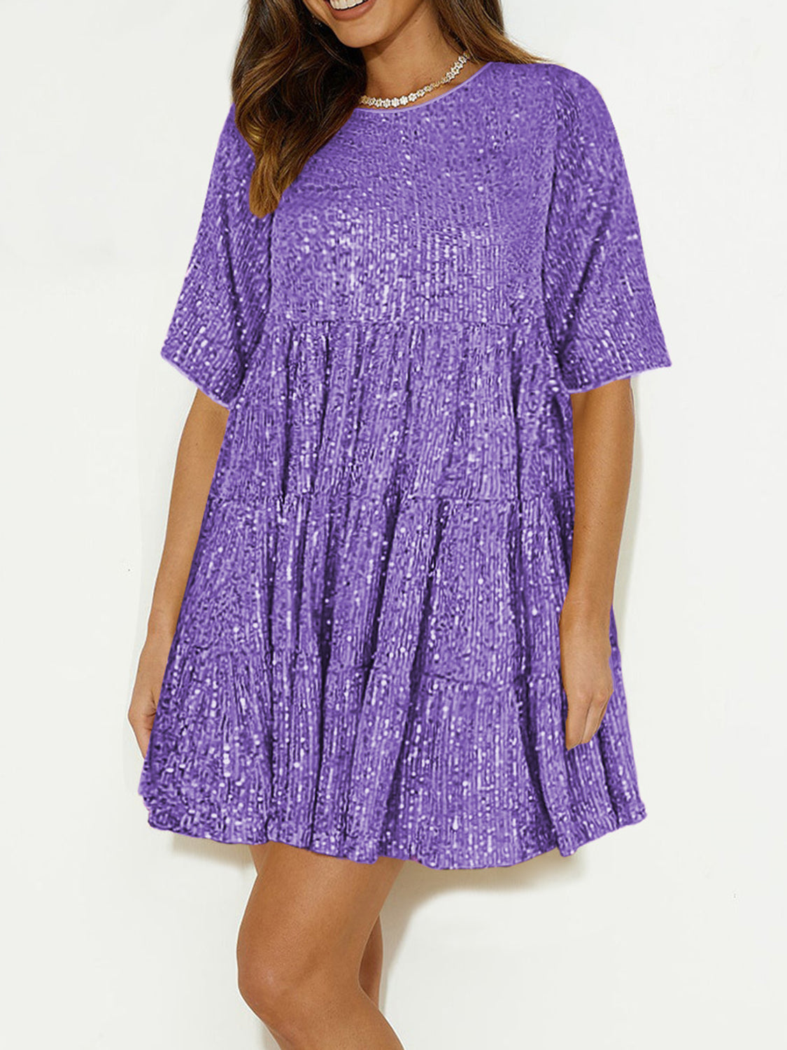 WestCloset Sequin Round Neck Half Sleeve Mini Dress