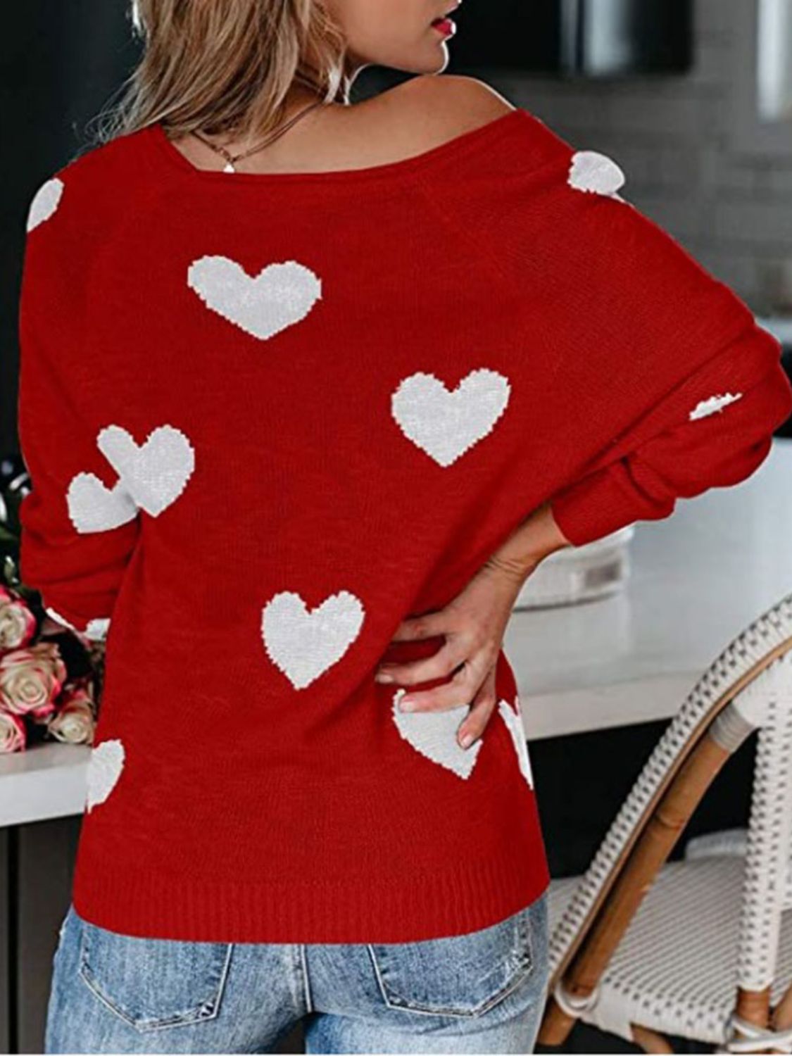 WestCloset Heart Scoop Neck Long Sleeve Sweater
