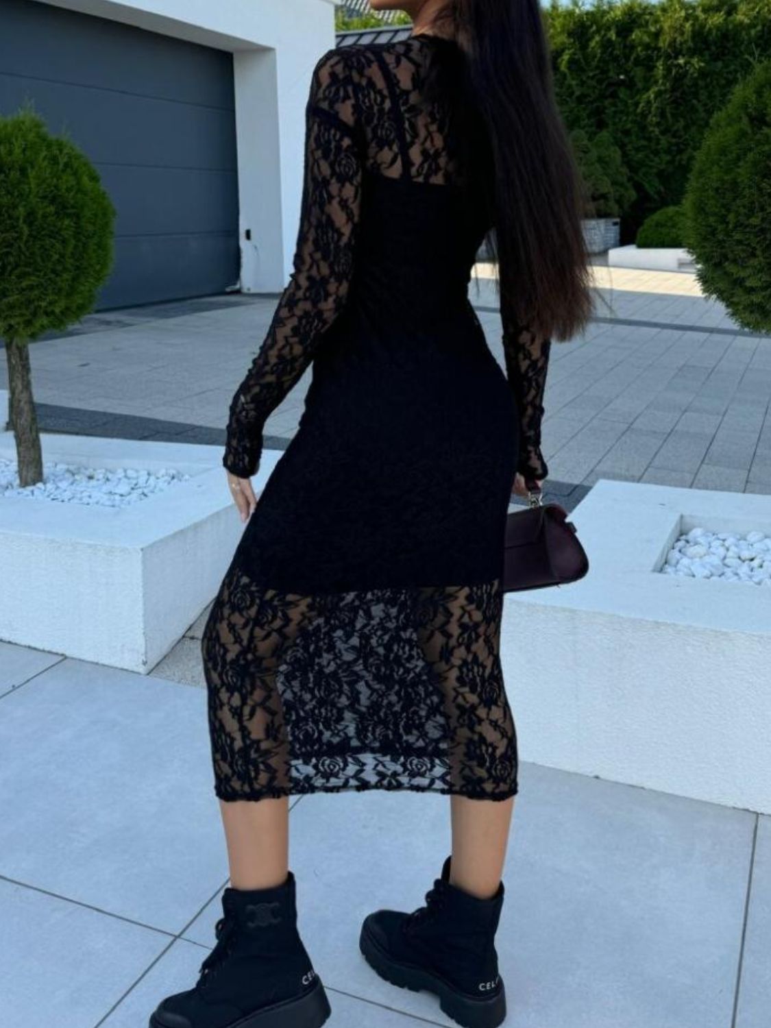 WestCloset Lace Round Neck Long Sleeve Midi Dress