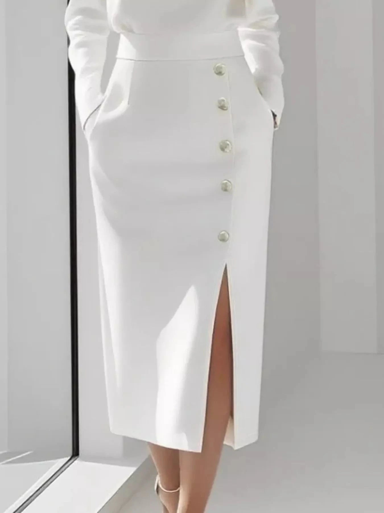 Long Sleeve Button Detail Midi Dress with Side Slit WESTCLOSET