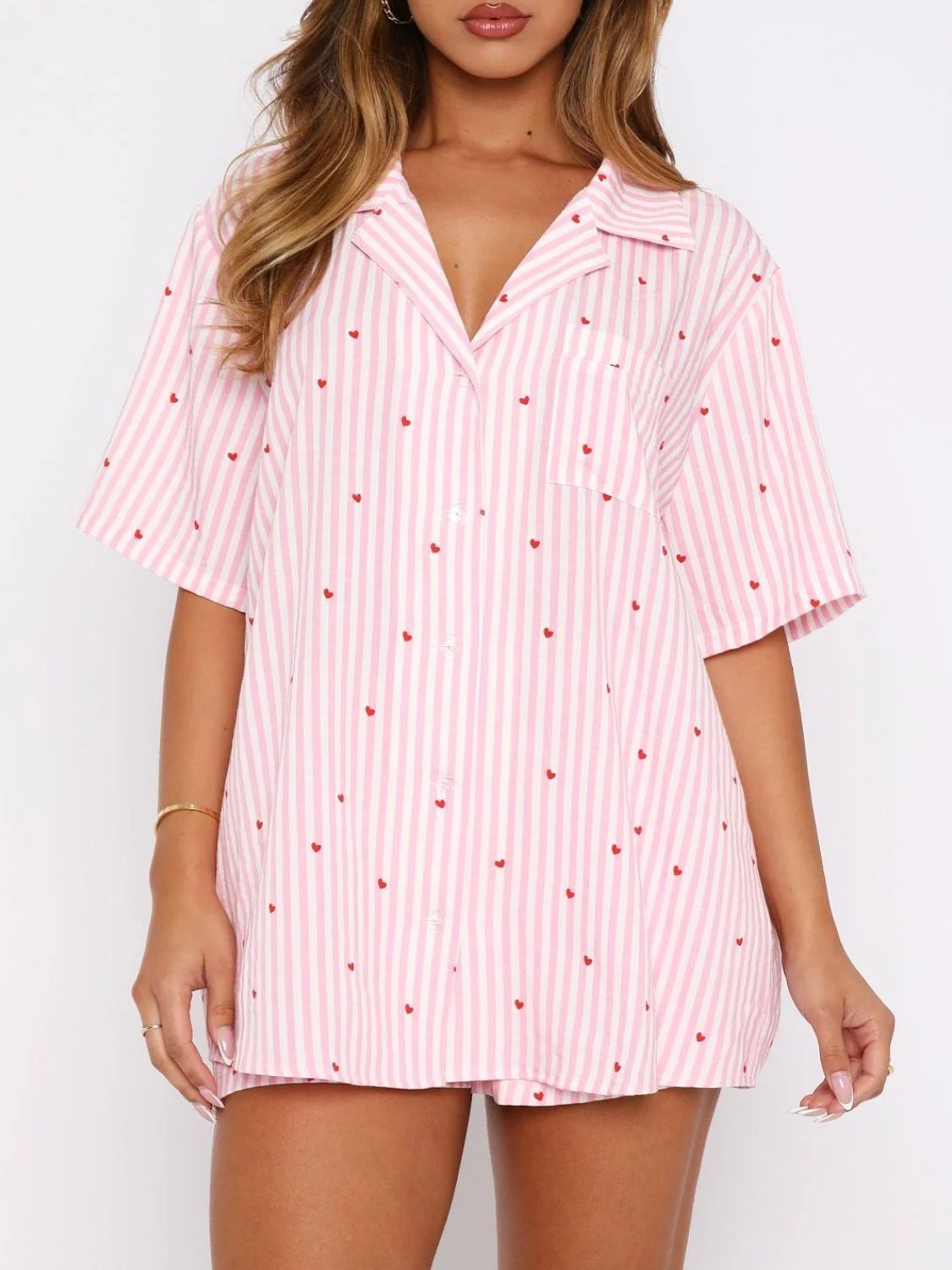 WestCloset Valentine's Day Printed Collared Neck Short Sleeve Top and Shorts Set