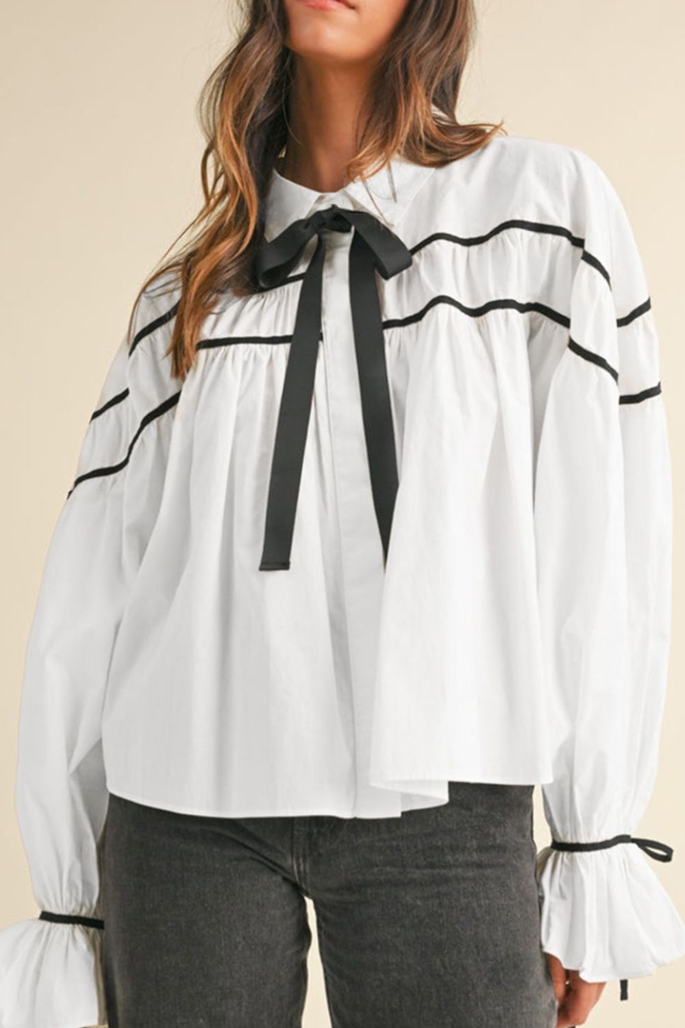 WestCloset Ribbon Bowtie Collared Neck Flounce Sleeve Shirt