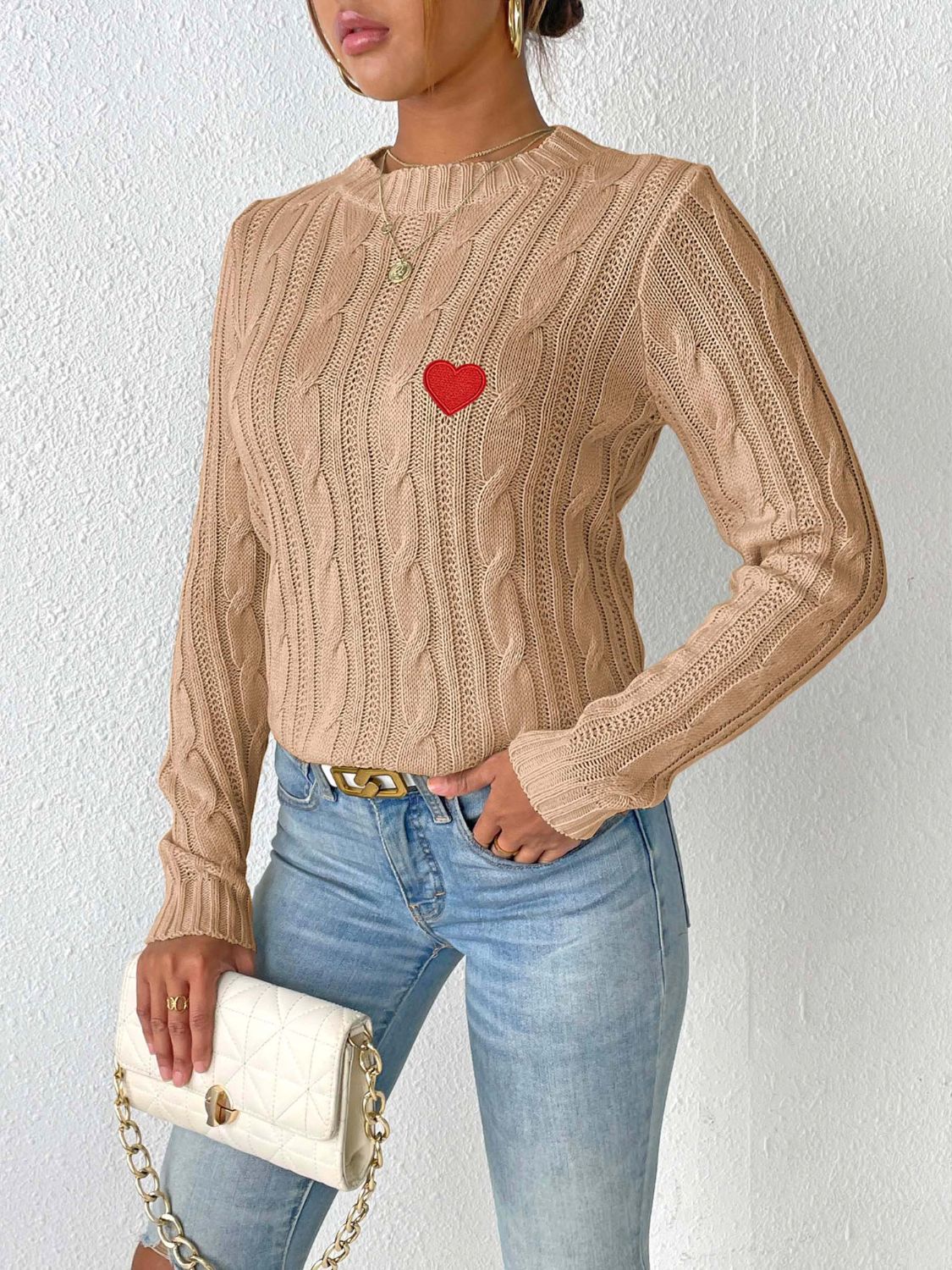 WestCloset Cable-Knit Heart Round Neck Long Sleeve Sweater