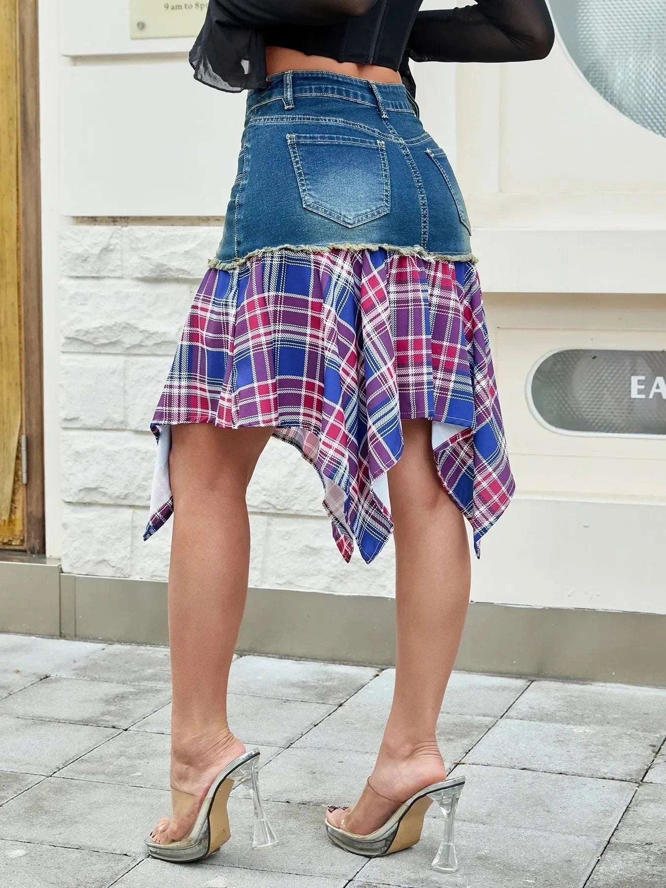 Asymmetric Plaid Hem Denim Skirt WESTCLOSET