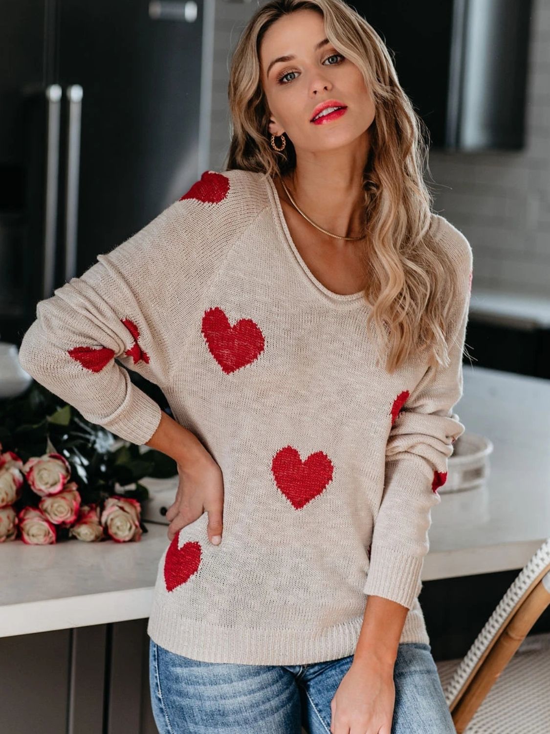 WestCloset Heart Scoop Neck Long Sleeve Sweater