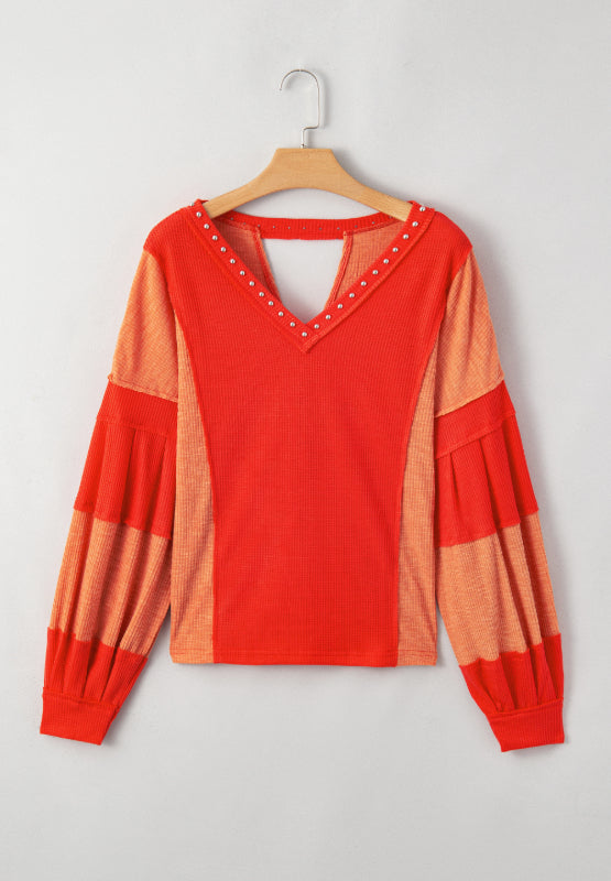 WestCloset Studded Waffle-Knit V-Neck Long Sleeve Top