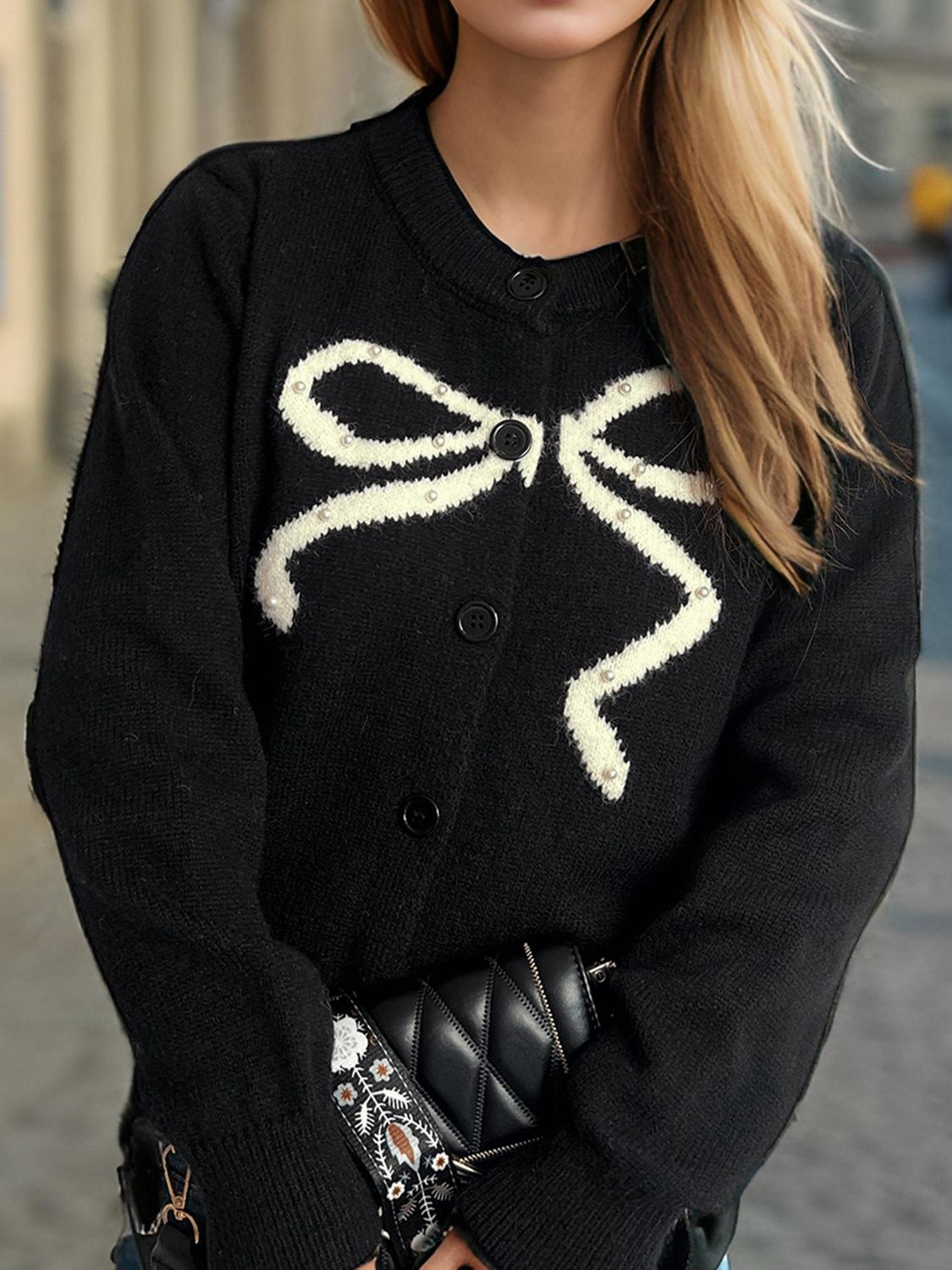 WestCloset Bow Button Down Round Neck Cardigan