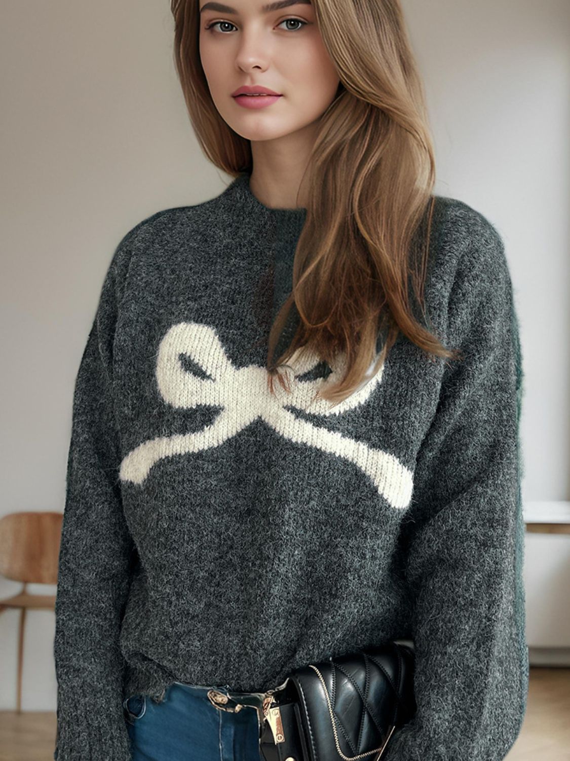 WestCloset Bow Round Neck Long Sleeve Sweater