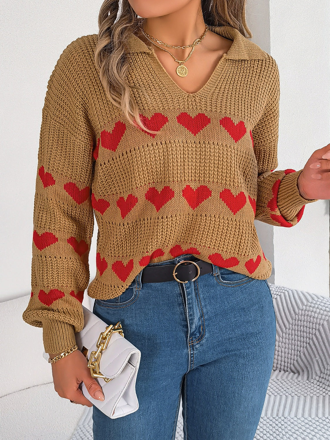 WestCloset Heart Johnny Collar Long Sleeve Sweater