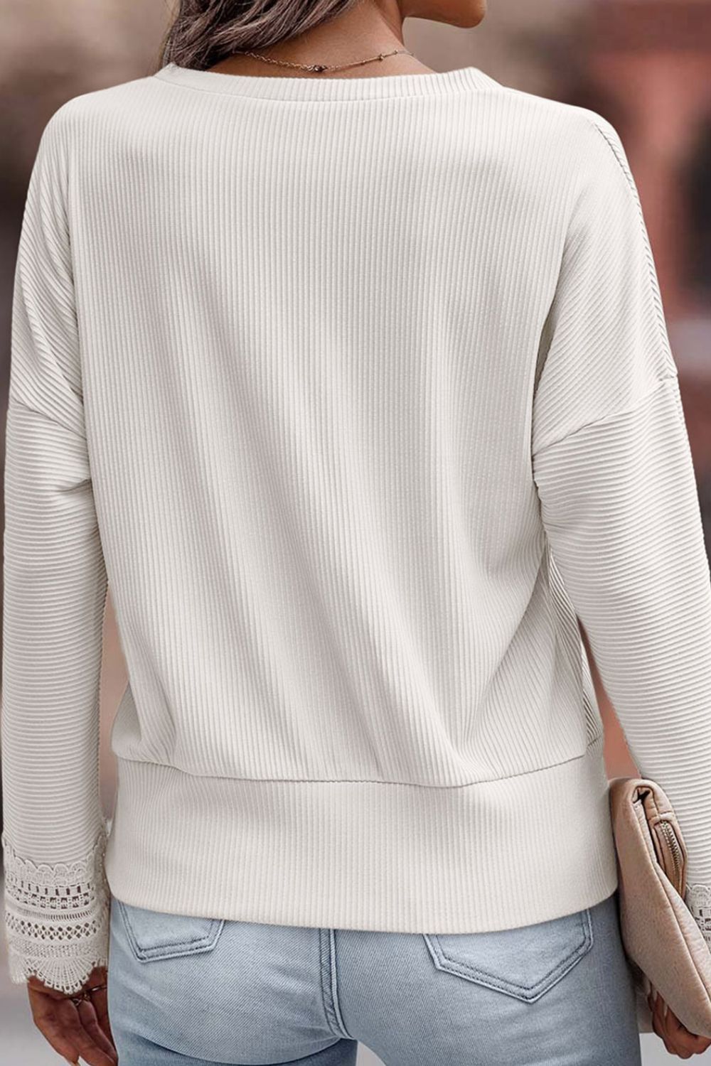 WestCloset Lace Detail V-Neck Long Sleeve T-Shirt