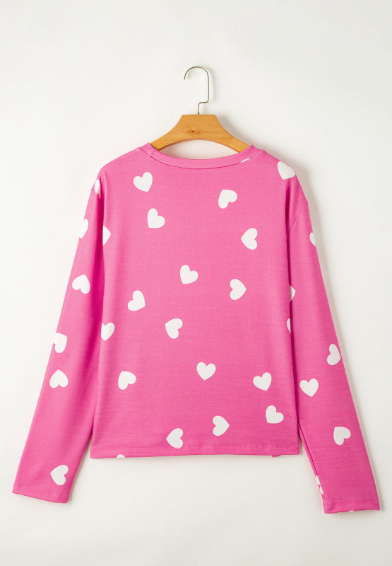 WestCloset Heart Round Neck Long Sleeve Top and Elastic Waist Shorts Set