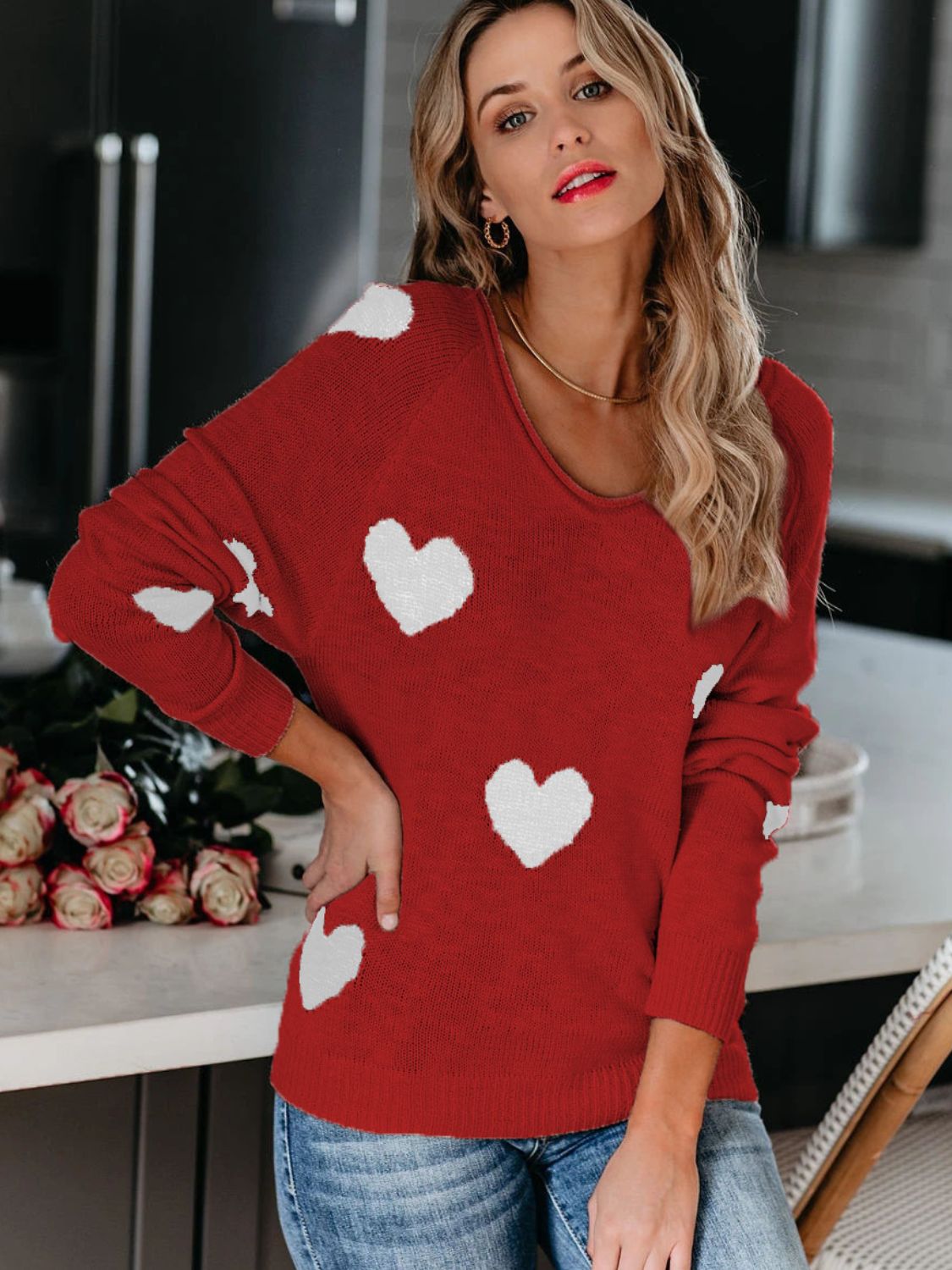 WestCloset Heart Scoop Neck Long Sleeve Sweater